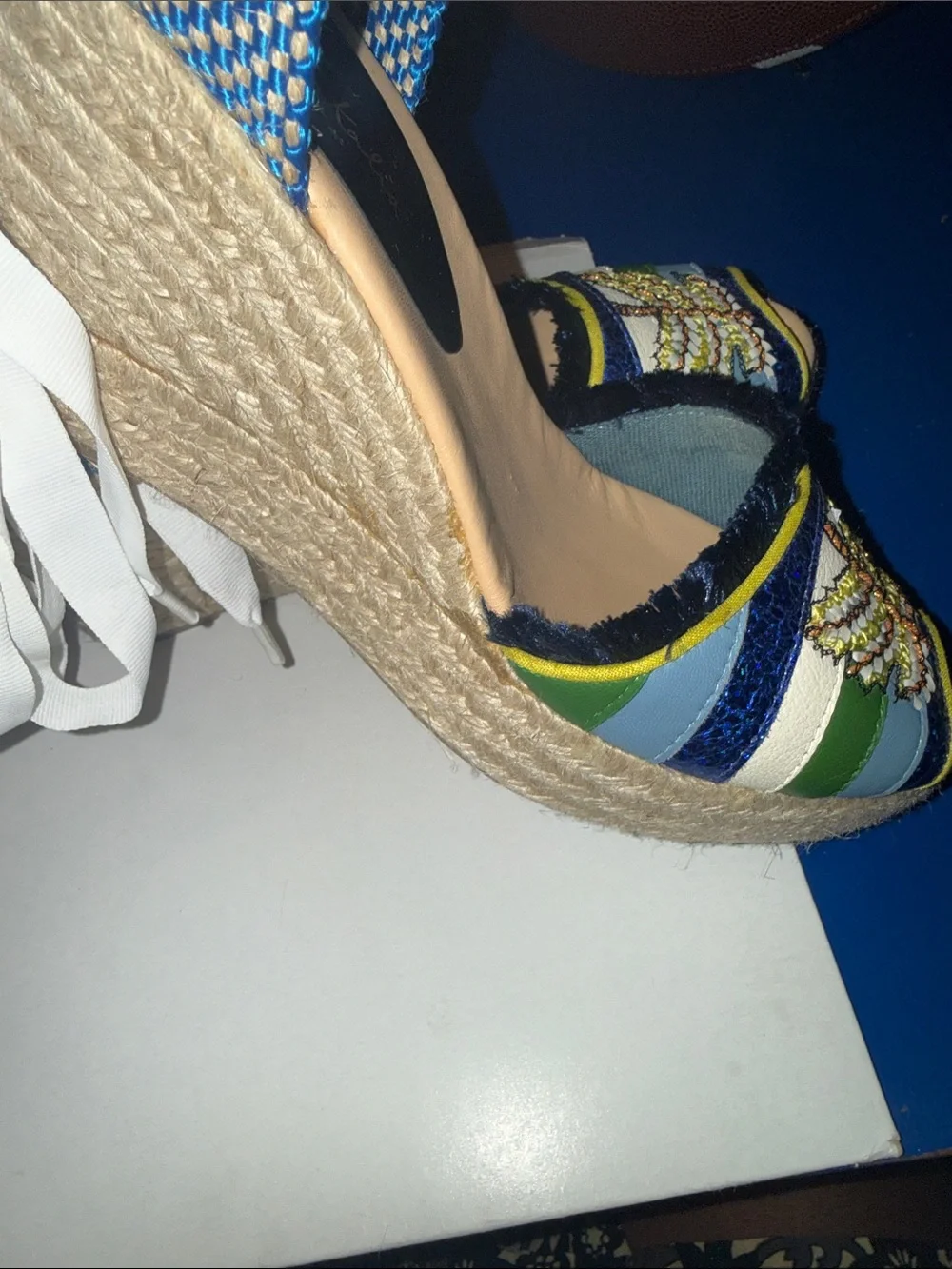 Meher Kakalia Wedge Sandals Espadrille Blue Green Embroidered Butterfly EU 39